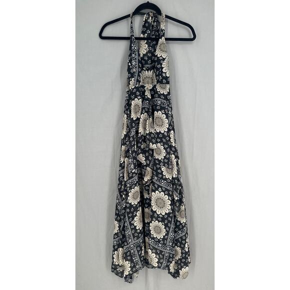 90s Vintage Dress Womens 8 Black Maxi Floral Halter Flowy Boho Y2K Handkerchief - Picture 4 of 7